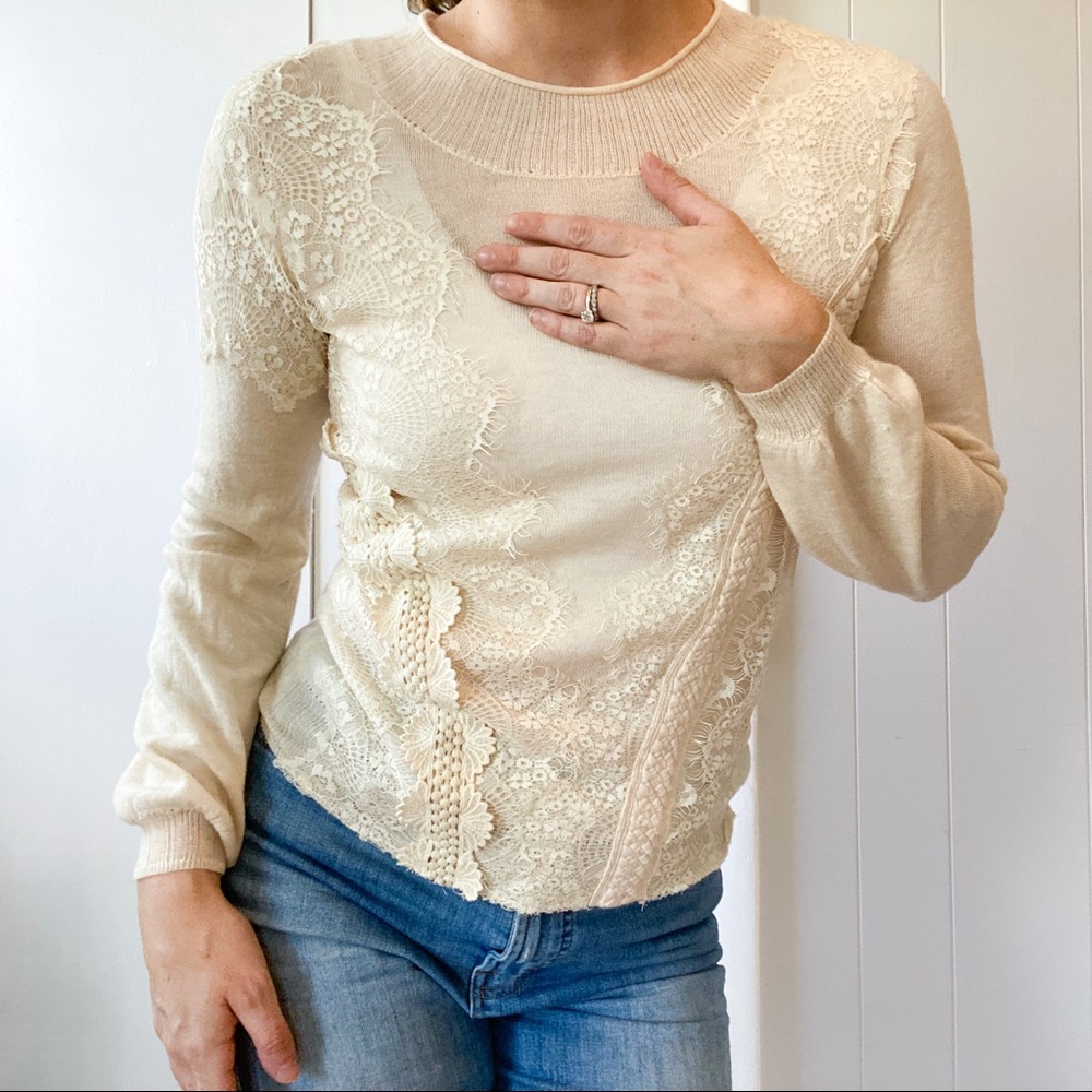 Anthropologie Cream Balloon Sleeve Sweater